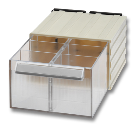 Flume-box 2/3 with 1 drawer with 2 compartments and 4 removable compartment dividers. Drawer inside twice 129 x 57 x 72 mm