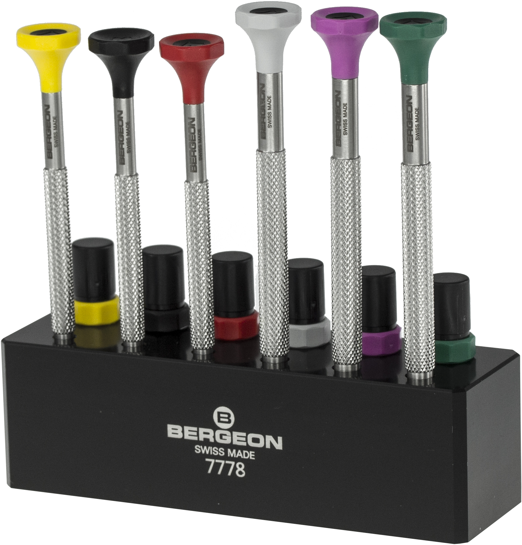 Inox screwdriver set, 6 pieces on plastic base Bergeon