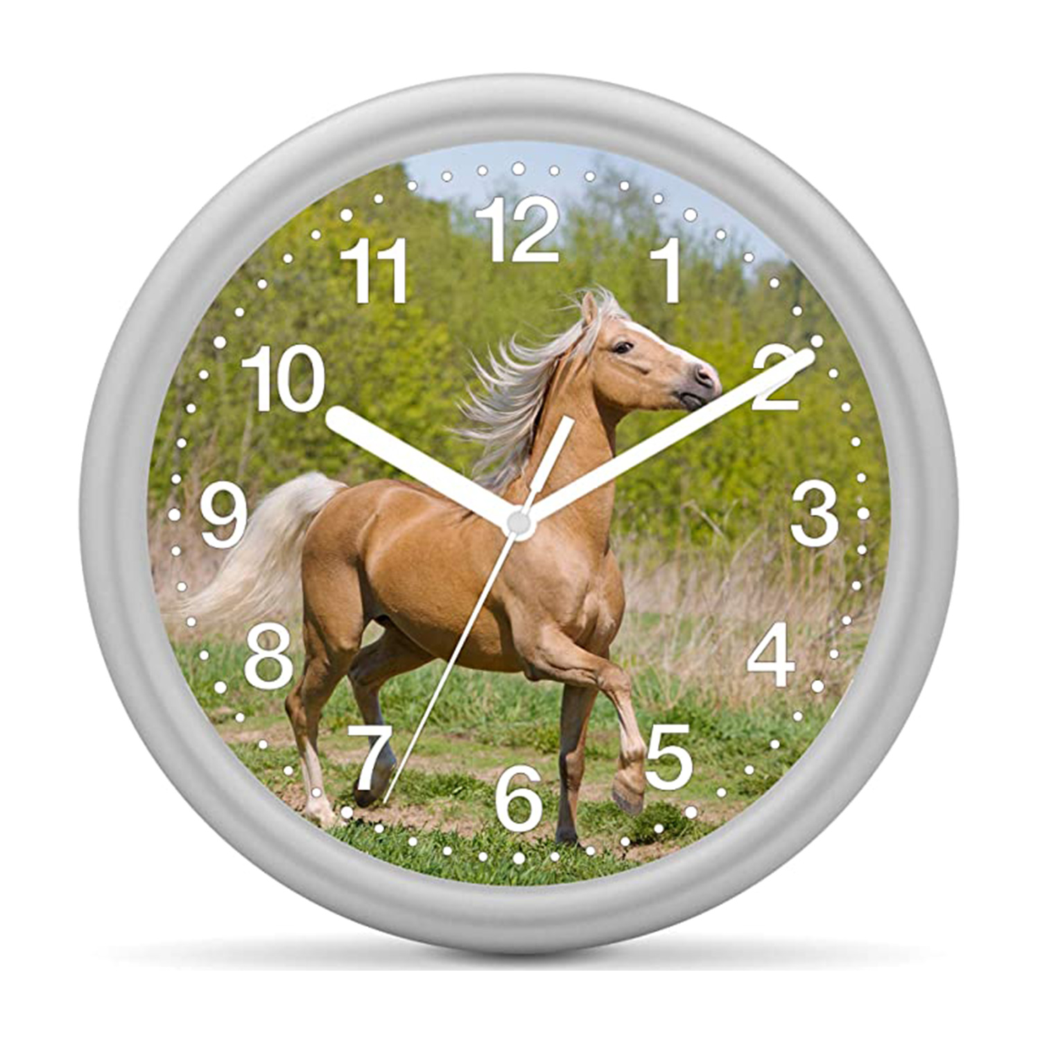 Kinderwanduhr Pferd - Pferd beige vor Grün