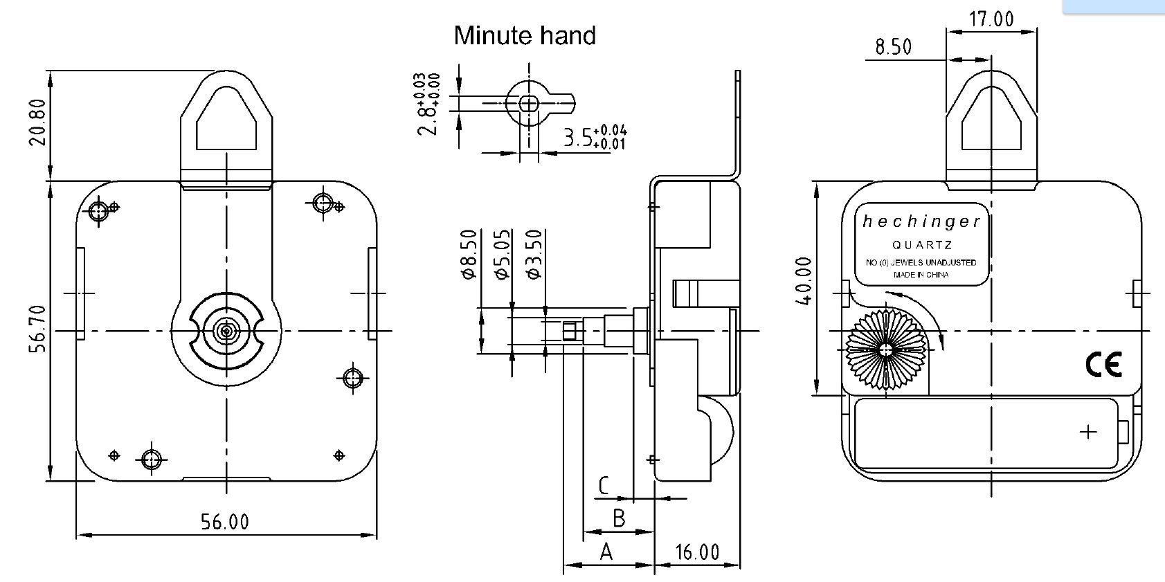 Quarz Movement Hechinger I-shaft, Shaft length 17,00mm