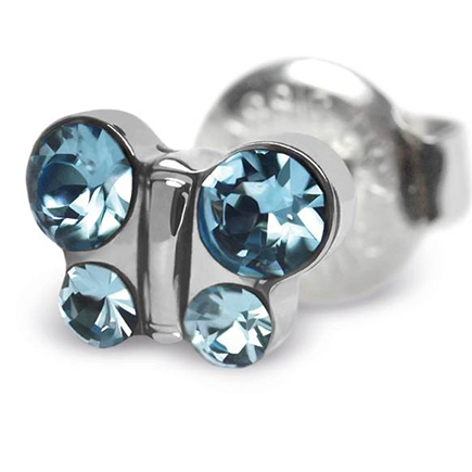 First ear stud System 75 white, butterfly with stone aquamarine-coloured Studex