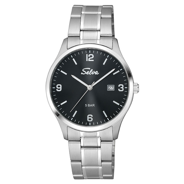 SELVA montre-bracelet à quartz avec bracelet en acier inoxydable, cadran noir Ø 39mm