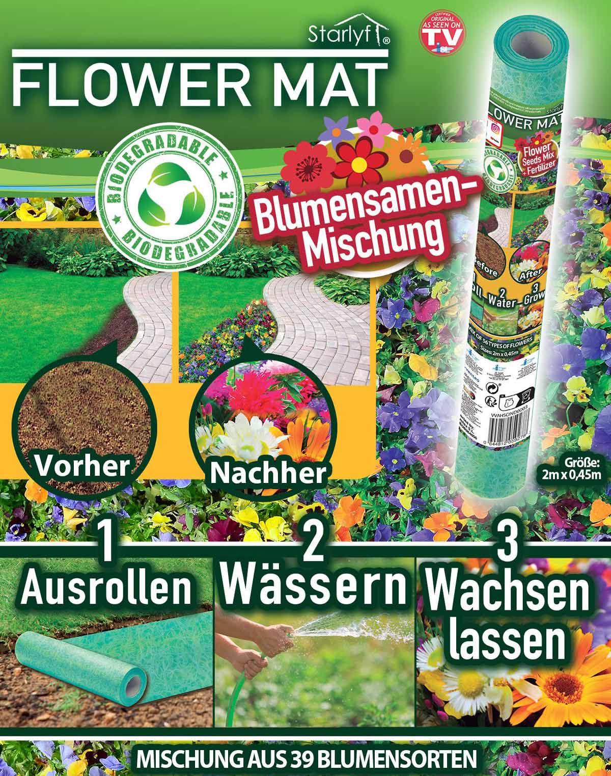 Blumensamen-Matte mit 39 Blumensorten - einfach ausrollen, wässern und wachsen lassen!