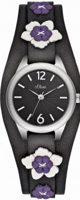 s.Oliver bracelet-montre en cuir véritable noir SO-1645-LQ