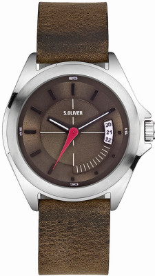 s.Oliver bracelet-montre en cuir véritable brun SO-1640-LQ