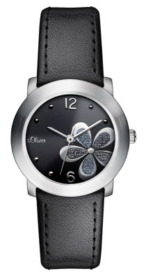 s.Oliver bracelet-montre en cuir véritable noir SO-2481-LQ