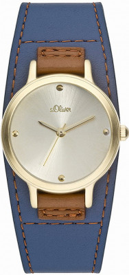 s.Oliver bracelet-montre en cuir véritable bleu foncé SO-1730-LQ