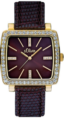 s.Oliver bracelet-montre en cuir véritable brun foncé SO-1730-LQ