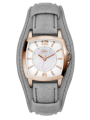 s.Oliver bracelet-montre en cuir véritable gris SO-3237-LQ