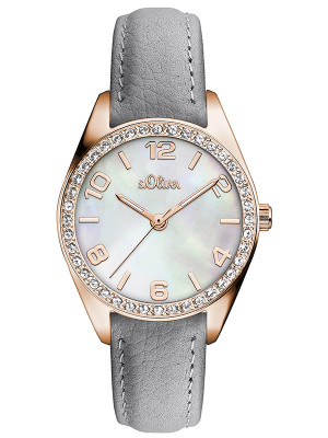 s.Oliver bracelet-montre en cuir véritable gris SO-3268-LQ