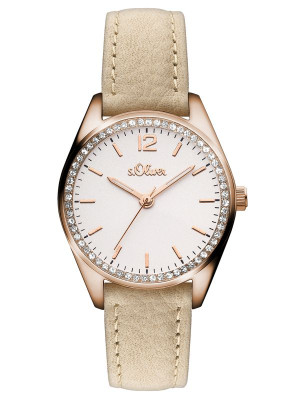 s.Oliver bracelet-montre en cuir véritable beige SO-3321-LQ